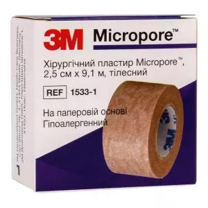 Пластир на паперовій основі Micropore, тілесний, 2,5 см х 9,1 м, 3М