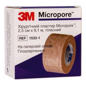 Пластир на паперовій основі Micropore, тілесний, 2,5 см х 9,1 м, 3М