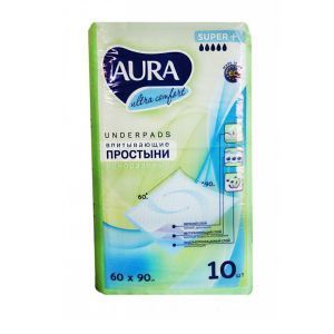 Впитывающие одноразовые пеленки Aura Ultra Comfort, 90x60 см, Super + 5 кап., 10 шт.