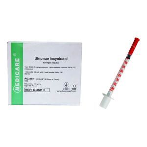 Шприц інсуліновий, 100 шт., 1,0 мл, із голкою, 40U, Medicare