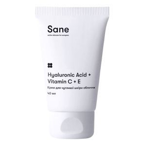 Крем для чутливої шкіри обличчя з гіалуроновою кислотою, вітамінами С + Е, Sane