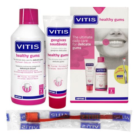 Набор: зубная паста, 100 мл + ополаскиватель, 500 мл + зубная щетка VITIS HEALTHY GUMS, здоровые десны